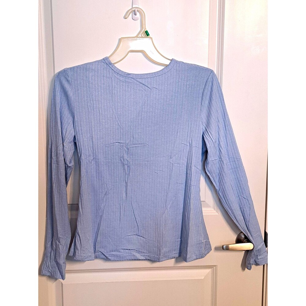 PrettyGarden Womens Blue Ribbed Knit Long Sleeve Round Neck Pullover Top XL